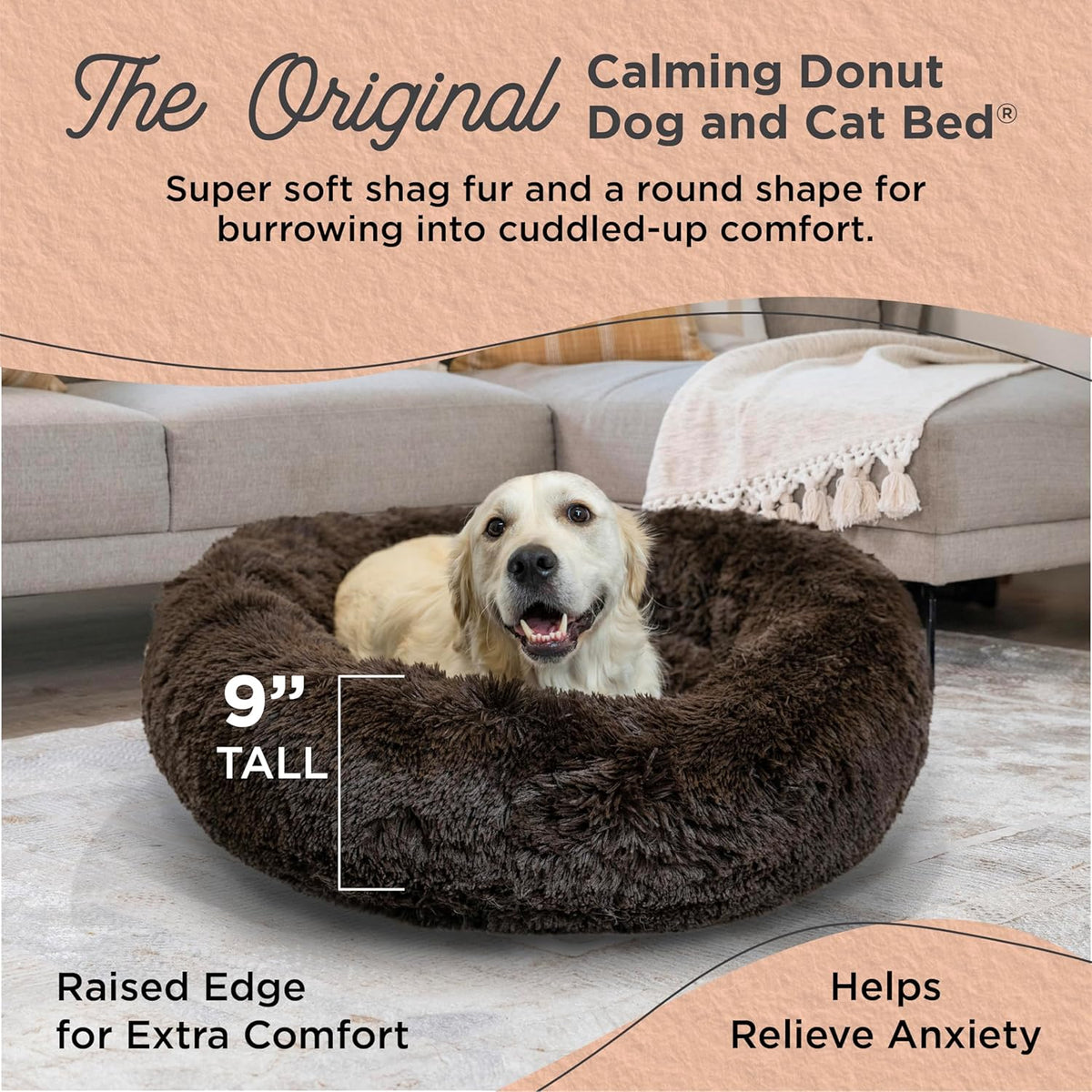 Best Friends by Sheri Original Calming Donut Dog and Cat Bed, Shag Faux Fur, Dark Brown, (36in x