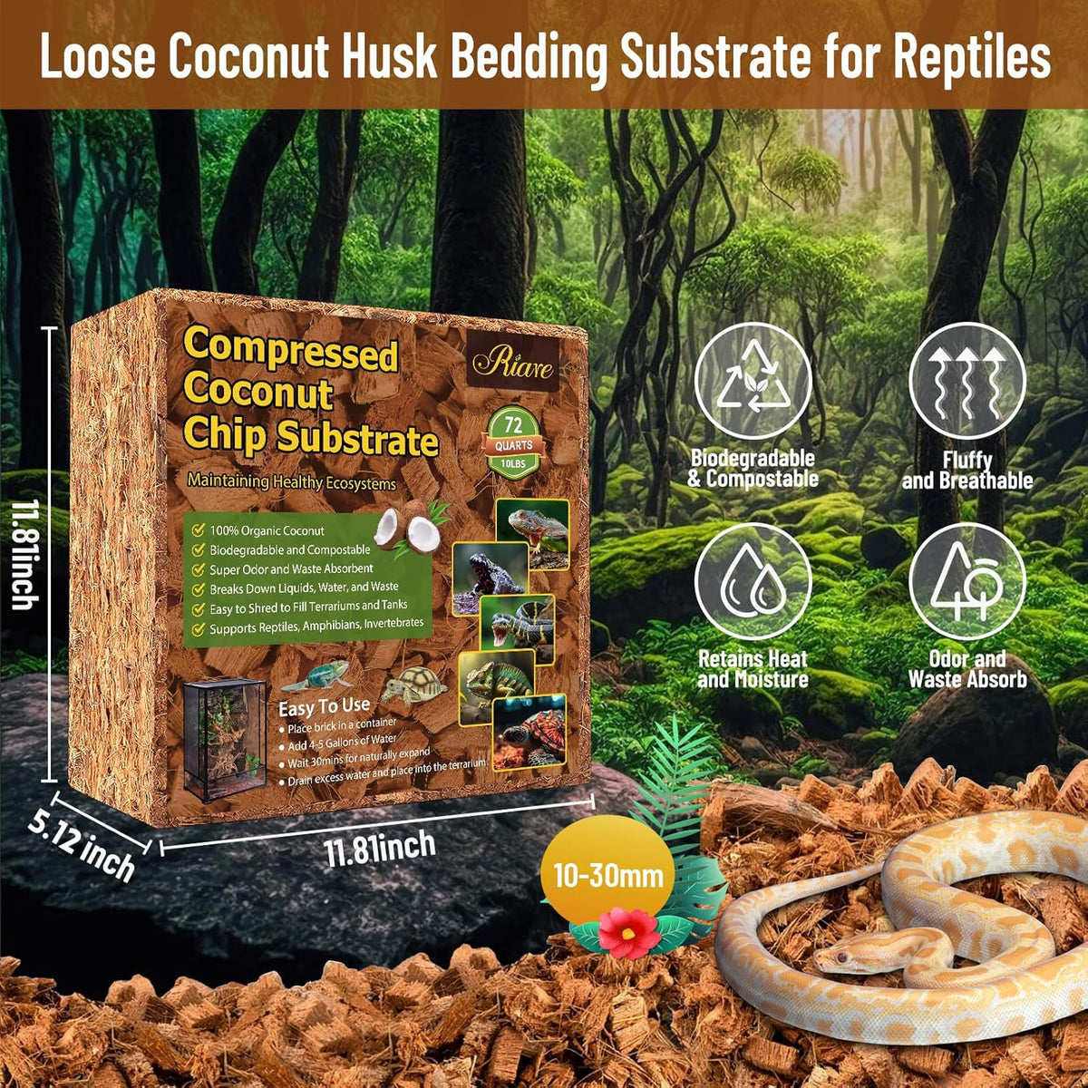 Riare 10LB Coconut Chip Substrate for Reptiles, 72 Quart Coconut Fiber Substrate Coco Chips