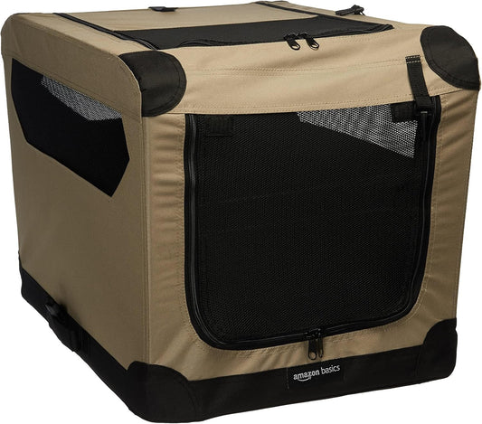 Amazon Basics 2 Door Foldable and Portable Travel Pet Kennel for Cat, Dog, Rabbit, 26 inch, Tan, S