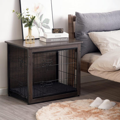 DWANTON Dog Crate Furniture with Cushion, Wooden Kennel Table with Double Doors, Indoor Dog House