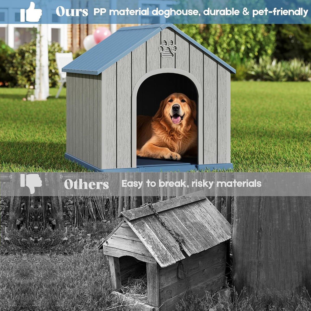 Large Outdoor Plastic Dog House - Indoor Outdoor Use for Medium & Large Dogs, Durable Waterproof