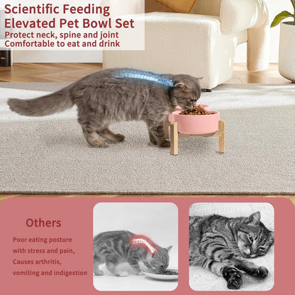 Elevated Ceramic Dog Bowl Set - Raised Feeding Bowls with Non-Slip Bamboo Stand - Small Pet Dishes
