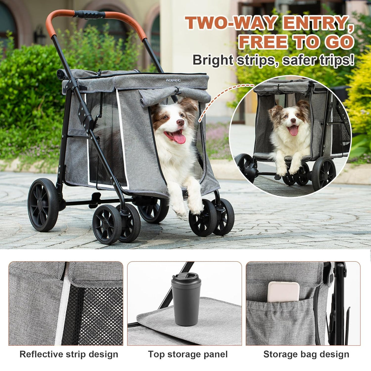Medium Dog Stroller, Dual Entry One-Touch Folding,Small and Medium Pet Stroller,360° Rotating Front