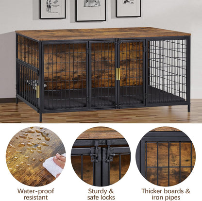 VECELO Dog Crate Furniture for Medium/Large Dogs, Wooden Dog Cage with Cushion, Double Door, Dog