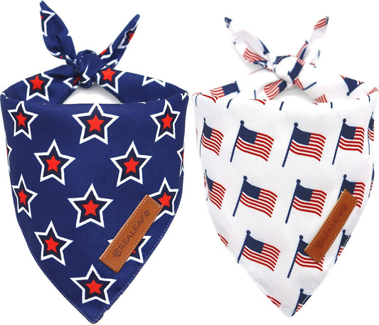 Realeaf American Flag Dog Bandanas 2 Pack, Triangle Reversible 4th of July Pet Scarf for Boy and