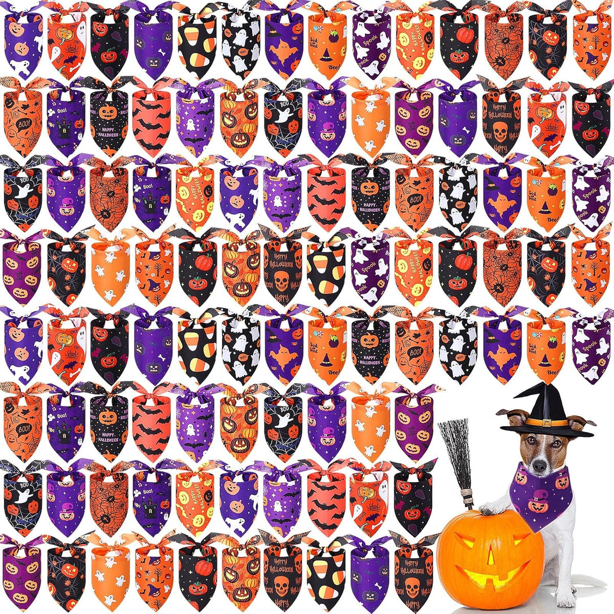 Abbylike 100 Pcs Halloween Dog Bandanas Bulk Pumpkin Bandanas for Dogs Triangle Kerchief Bibs Scarf