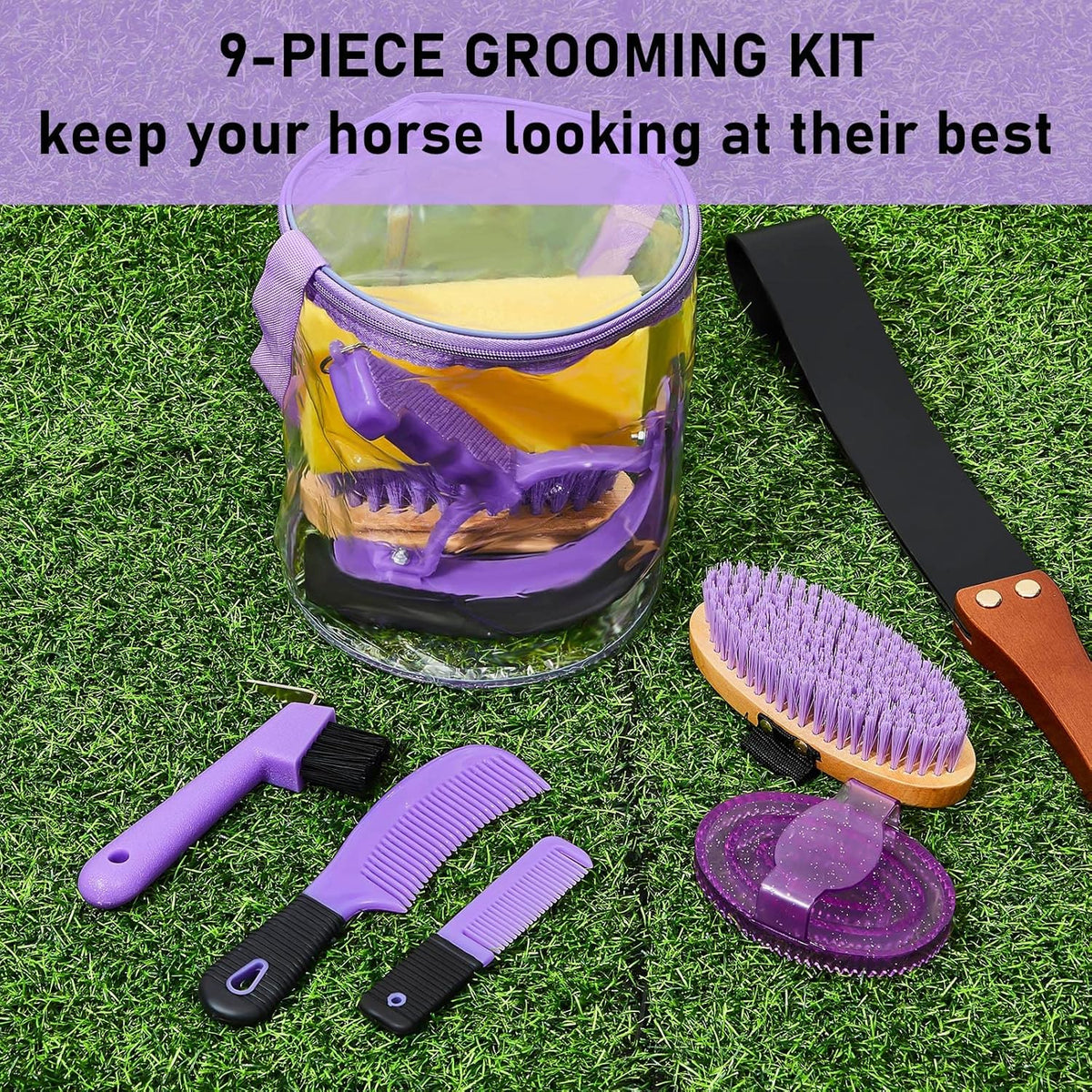 9 Pieces Horse Grooming Kit Tack Room Supplies Set with Organizer Tote Bag, Oval Massage Curry