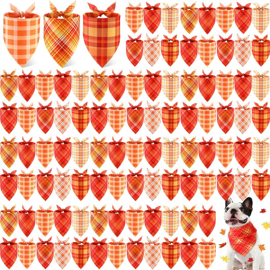 100 Pieces Fall Dog Bandanas Bulk Plaid Bandanas for Dogs Autumn Thanksgiving Soft Doggie Bibs