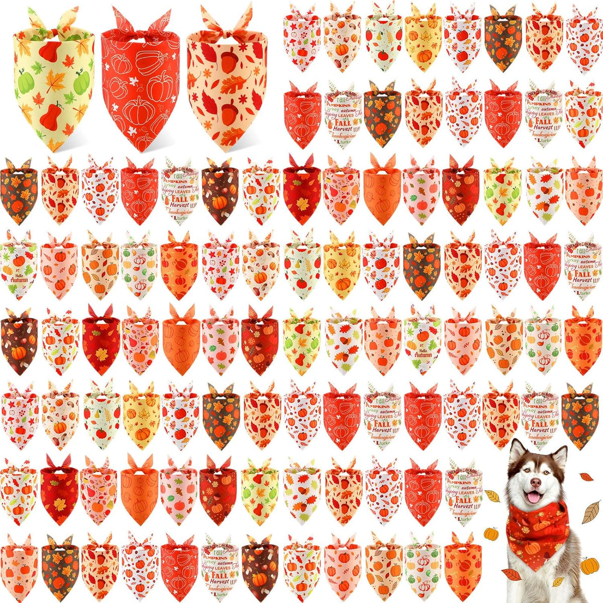 Chunful 100 Pieces Fall Dog Bandanas Bulk Autumn Pet Bandanas with Pumpkin Patterns Triangle Scarf