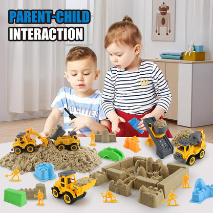 Construction Sandbox with Lid - 4 Vehicles with 1 Conveyor, 8 Castle Molds, 6 Figures & 3lbs