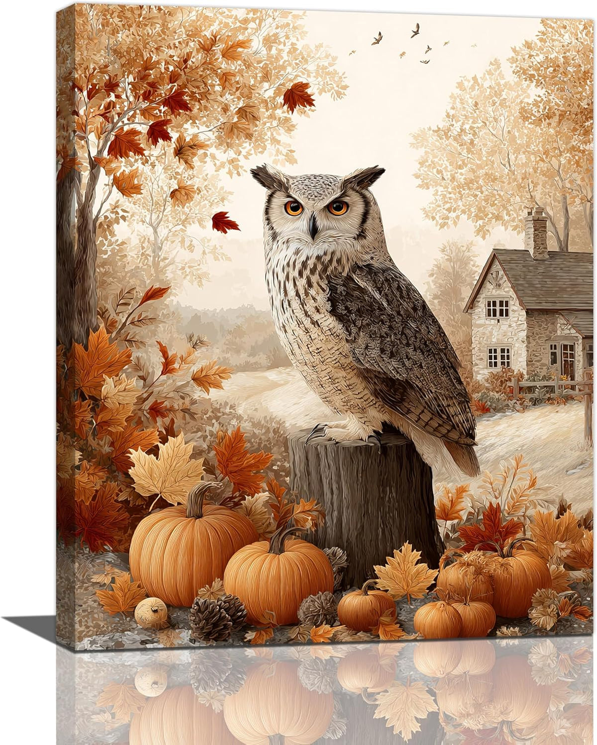 Fall Owl Wall Art Autumn Pumpkin Leaves Wall Decor Rustic Canvas Print Farmhouse Pictures Painting