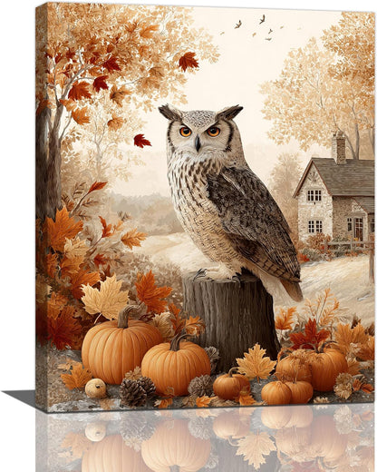 Fall Owl Wall Art Autumn Pumpkin Leaves Wall Decor Rustic Canvas Print Farmhouse Pictures Painting