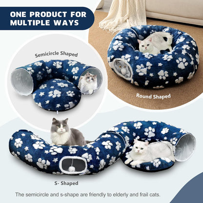 Cat Tunnel for Indoor Cats, Cute Peekaboo Cat Cave with Dangling Balls, Pet Donut Tunnel Bed with