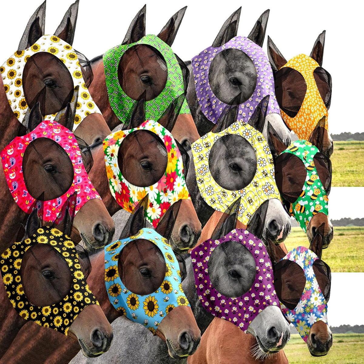 Qualirey12 Pieces Horse Fly Mask Bulk Comfortable Elasticity Mask for Horses with Ears Net UV