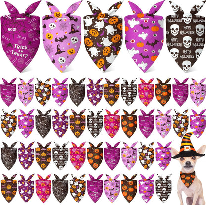 Weewooday 50 Pcs Halloween Dog Bandanas Bulk Pumpkin Ghost Bandanas for Dogs Soft Triangle Bibs
