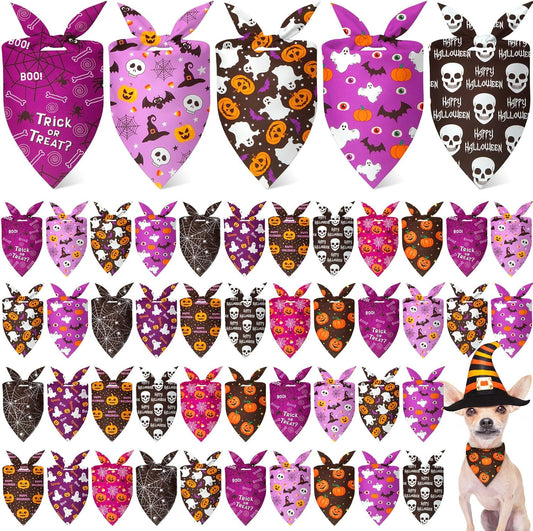 Weewooday 50 Pcs Halloween Dog Bandanas Bulk Pumpkin Ghost Bandanas for Dogs Soft Triangle Bibs