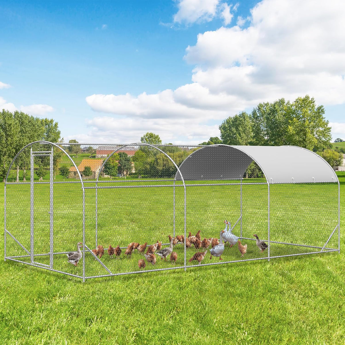 Large Metal Chicken Coop, Walk-in Chicken Run Pen with Waterproof Cover, Dome Roof Poultry Cage for