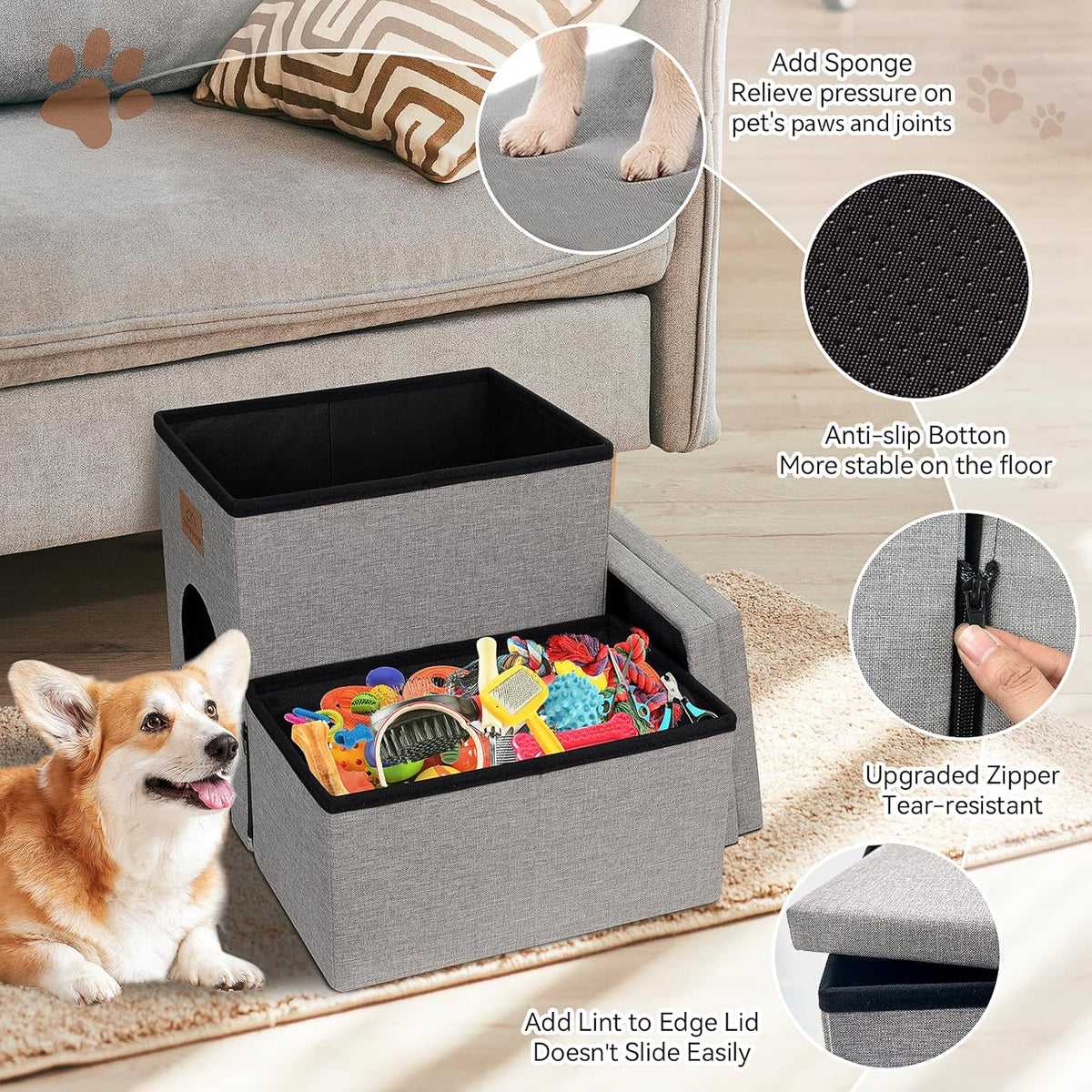 Dog Stairs 15" H, 2-Step Wider Dog Steps for Small/Medium/Large Old Dogs Cats, Folding Sturdy