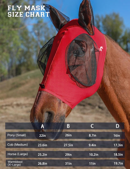 Horse Fly Mask with Ears, UV Protection Mask for Horses, Elasticity Mask with Big Mesh Eye Covers