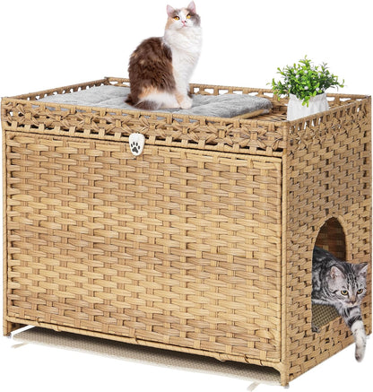 Cat Litter Box Enclosure with Soft Litter Mat; Hidden Cat Washroom Furniture with Door; Handwoven