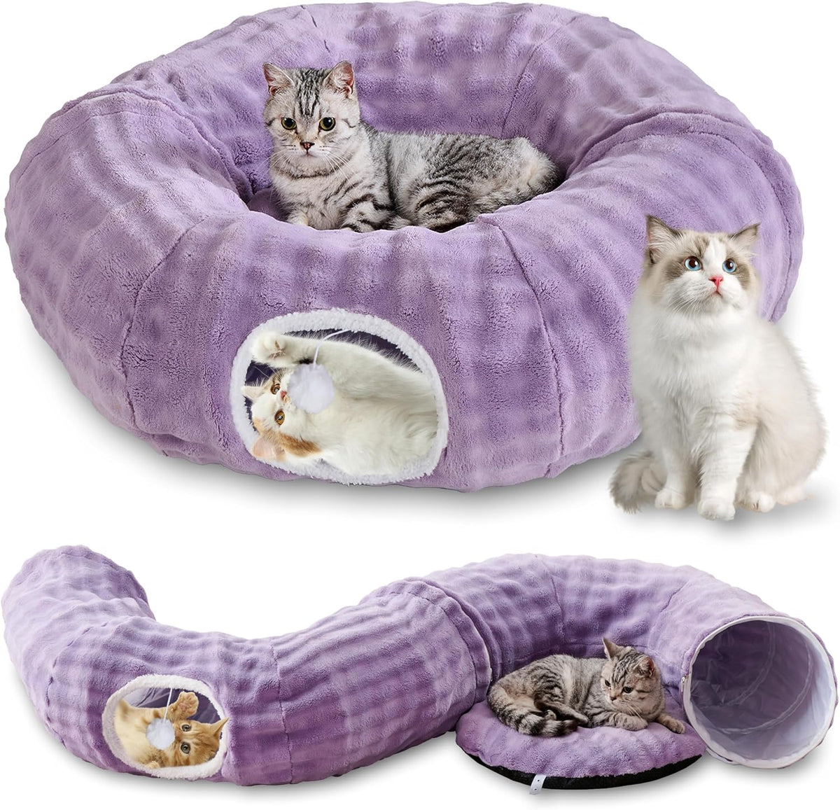 Bubble Cat Tunnel for Indoor Cats, Round Peekaboo Cave Toy with Dangling Balls, Donut Tunnel Bed