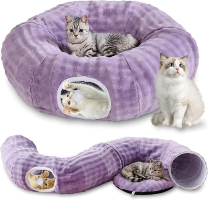 Bubble Cat Tunnel for Indoor Cats, Round Peekaboo Cave Toy with Dangling Balls, Donut Tunnel Bed