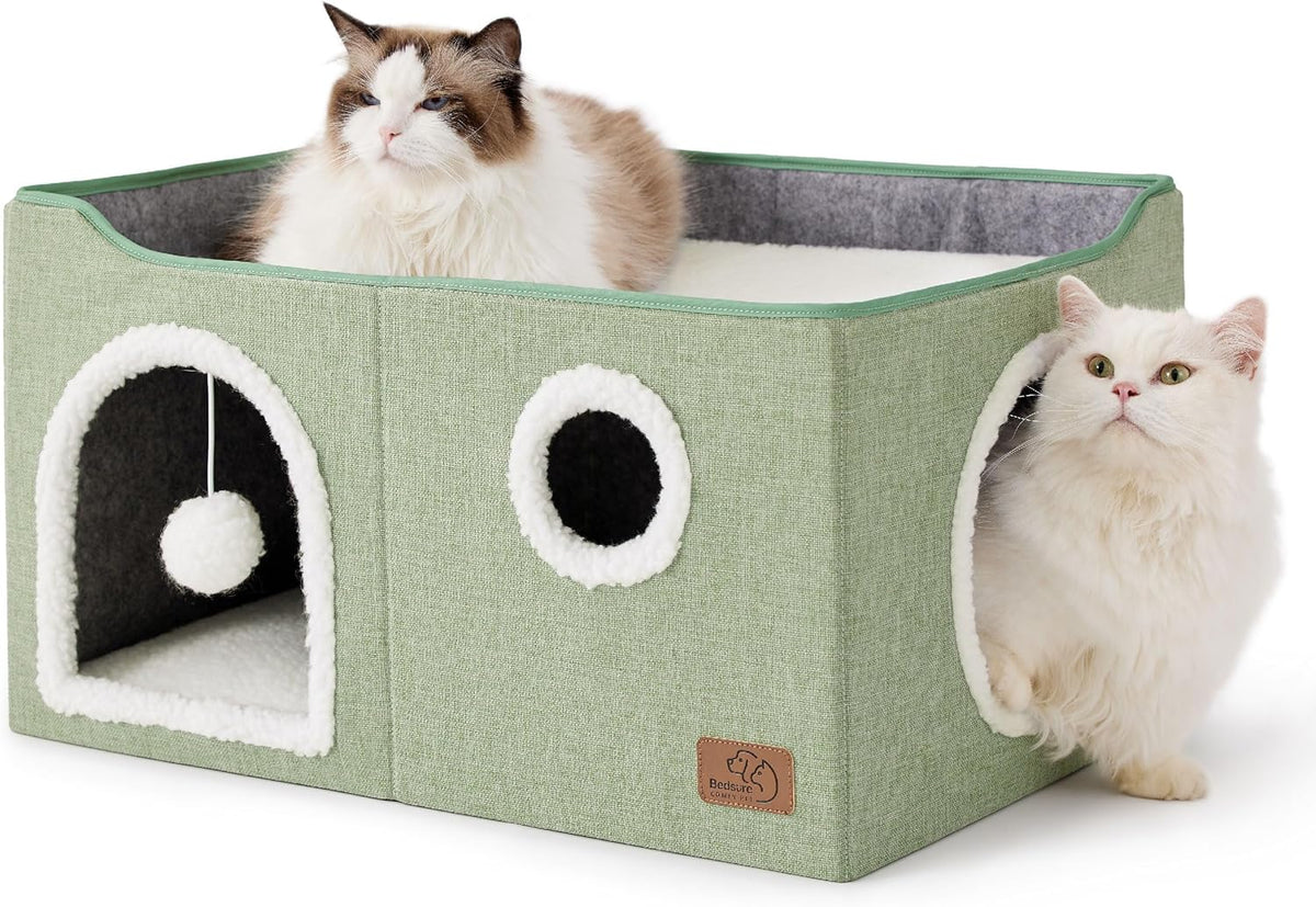 Bedsure Large Cat Beds for Indoor Cats - Extra Wide Cat Cube House for Small Pet with Fluffy Ball