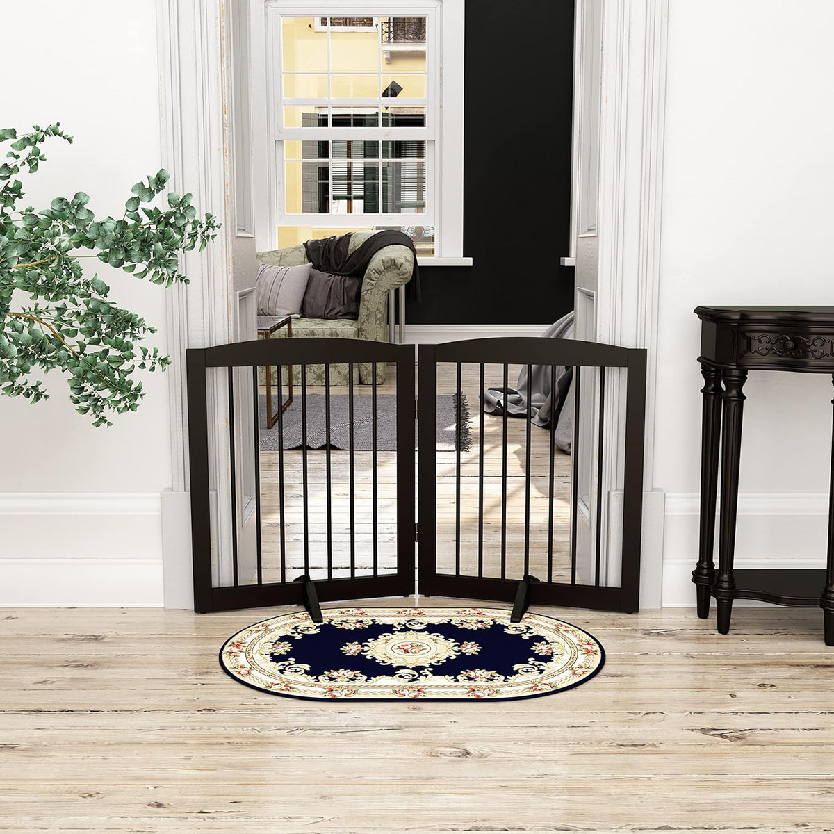 Freestanding Pet Gate for Dogs, Foldable Wooden Dog Gate for House, Indoor Pet Barrier for Stairs