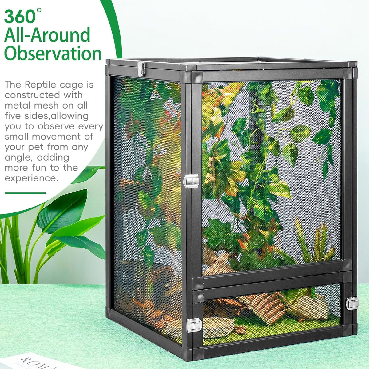 13 Gal Detachable and Foldable Reptile Butterfly Cage Terrarium, 360° Observation, Airflow