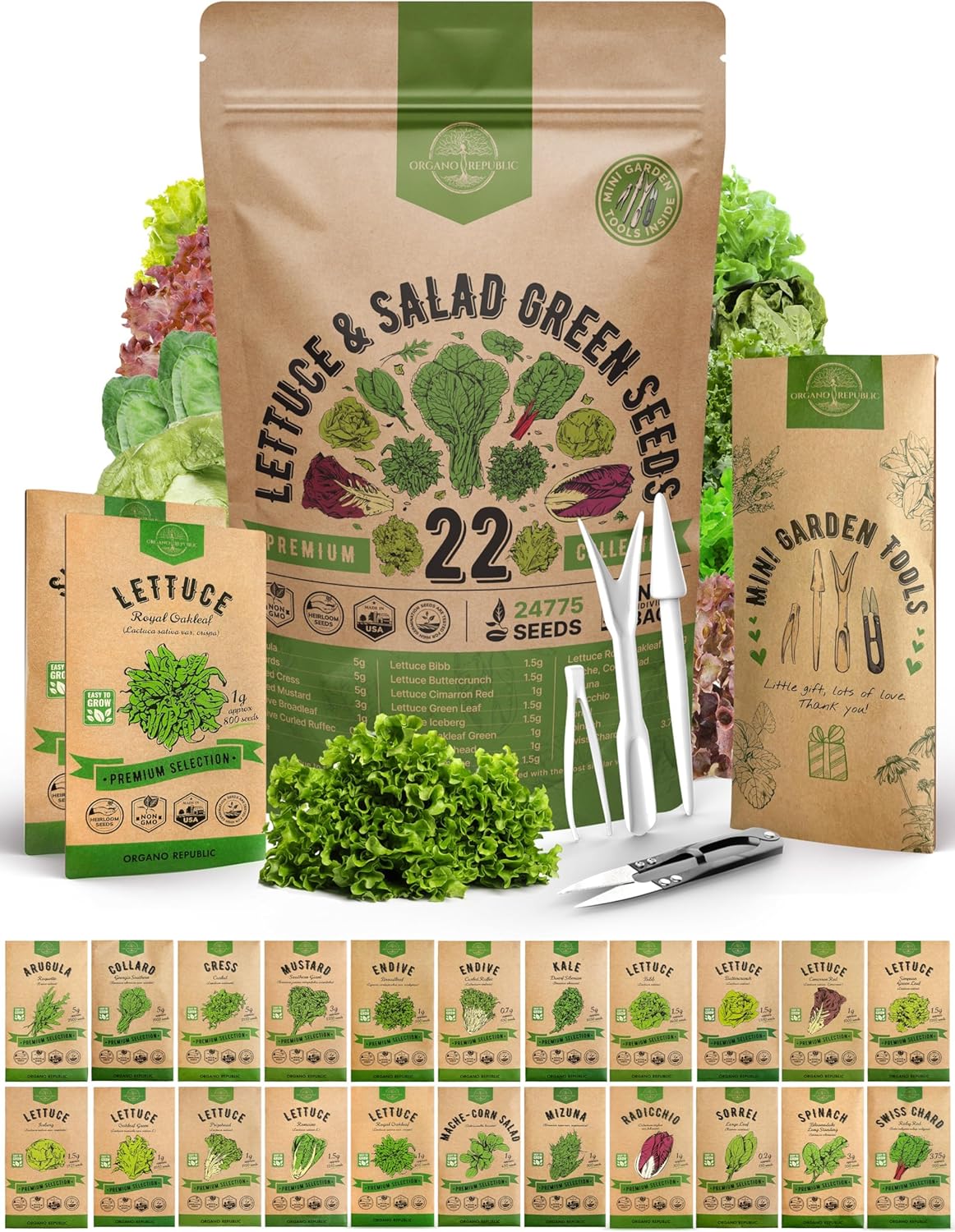 Organo Republic 22 Lettuce & Salad Greens Seeds Variety Pack 24,700+ Non-GMO Heirloom Lettuce Seeds