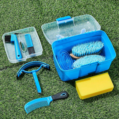 Cunhill 9 Pieces Horse Grooming Kit Tack Room Supplies Set with Organizer Tote Box, Oval Massage