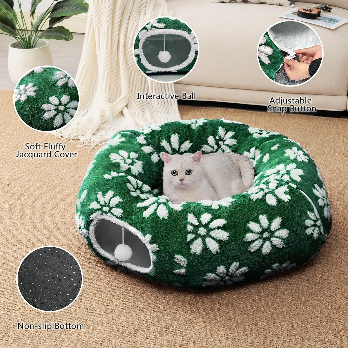 Cat Tunnel for Indoor Cats, Cute Peekaboo Cat Cave with Dangling Balls, Pet Donut Tunnel Bed with
