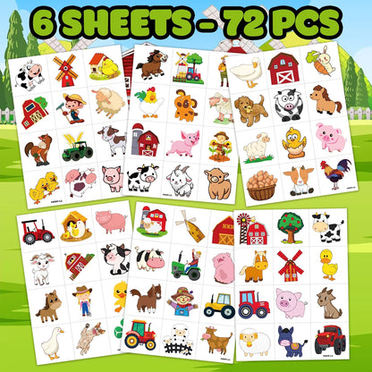 72 PCS Farm Barnyard Animal Pre-Cut Temporary Tattoos Sticker Birthday Decorations Party Supplies