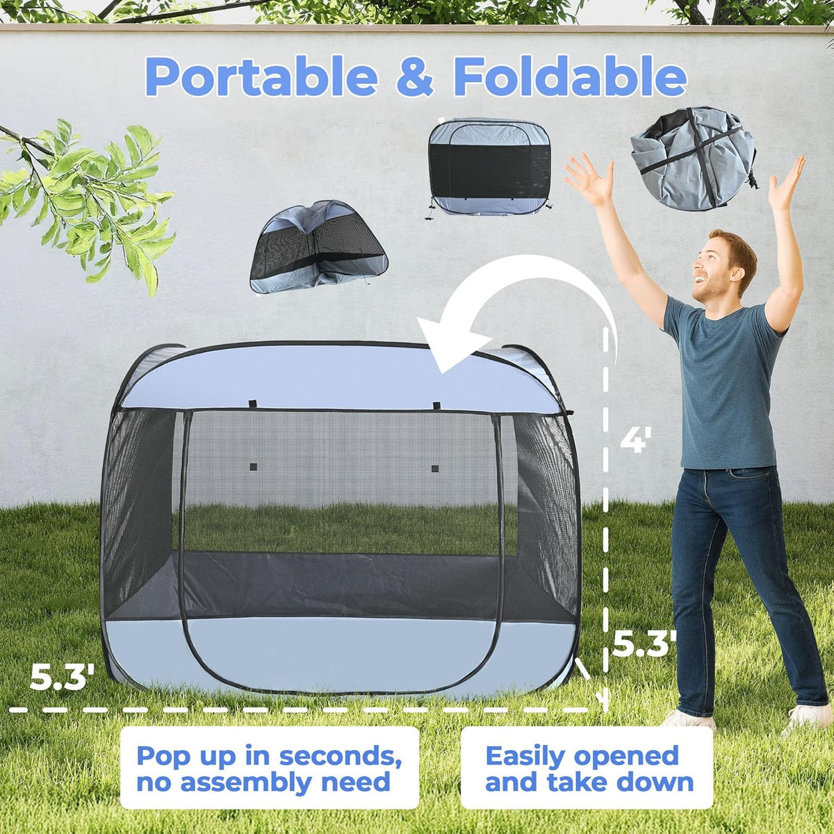 EighteenTek XLarge Popup Portable Dog Houses, 5.3'x4'H Assembly-Free Gazebo-Style Dog Cot Cat