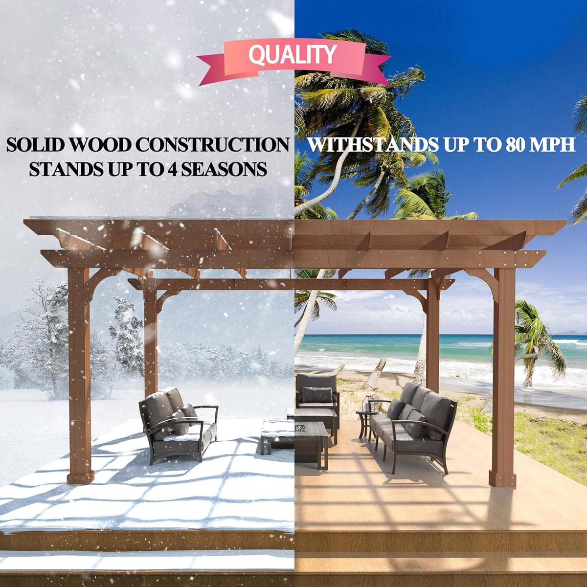 MUPATER 10x12 FT All Cedar Wooden Pergola, Kit with Stakes, Quality Supported Structure, Snow and