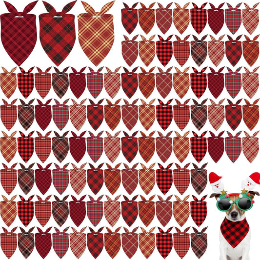 100 Pcs Christmas Dog Bandanas Bulk Xmas Red Plaid Bandanas Soft Triangle Bibs Adjustable Scarf for
