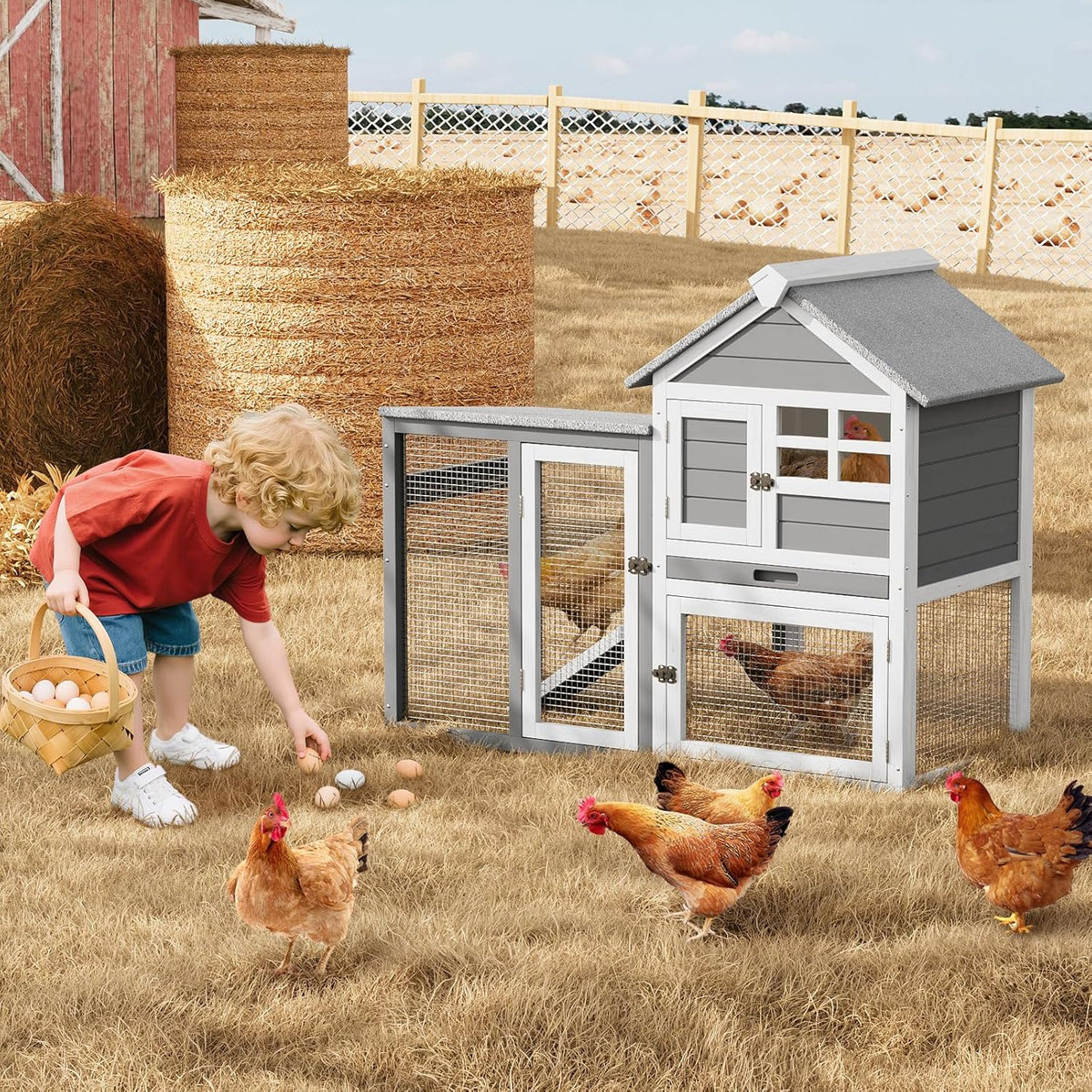 2-Tier Rabbit & Chicken House,Wooden Chicken Coop & Bunny Cage with Non-Slip Ramp, 4