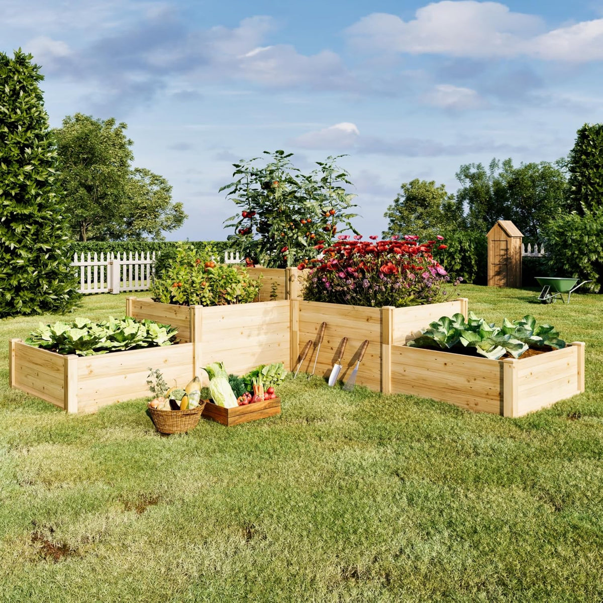 AMERLIFE 3-Tier Raised Garden Bed for Outdoor Gardening, Fir Wood Planter Box with Dividers