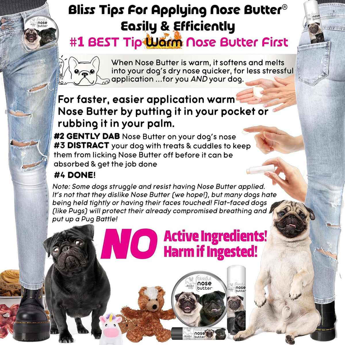 The Blissful Dog Pug Duo Nose Butter for Dry, Cracked Skin, Lick-Safe Dog Nose Balm with