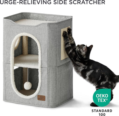 Bedsure 2 Story Cat House - Cat Condos for Indoor Cats with Scratch Pad and Fluffy Ball Hanging