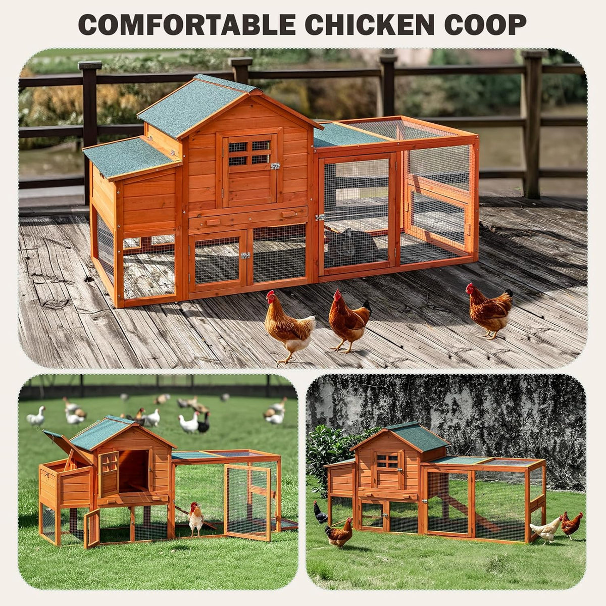 Chicken Coop for 4-6 Chickens Outdoor Wooden Hen House Poultry Pet Hutch for Backyard w/Run Cage &