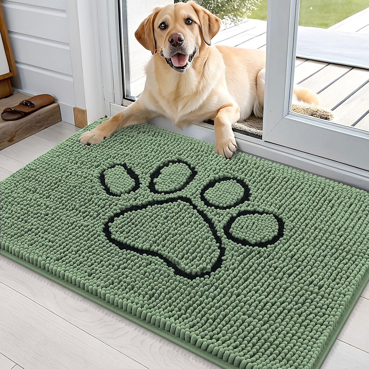 OLANLY Door Mat for Muddy Dog Paws 36x24, Absorbent Chenille Doormat with Paw Print Design
