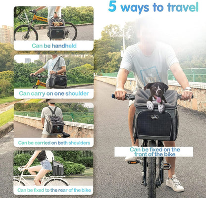 Dog Bike Basket Carrier, Pet Bicycle Front Carrier Backpack for Bike Riding Foldable Removable