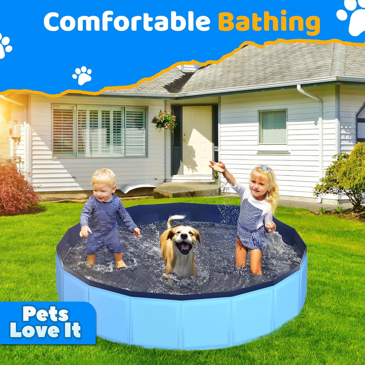 79" x 12" Foldable Dog Pool - Collapsible Hard Plastic Kiddie Pool for Dogs & Kids, Non-Slip Pet