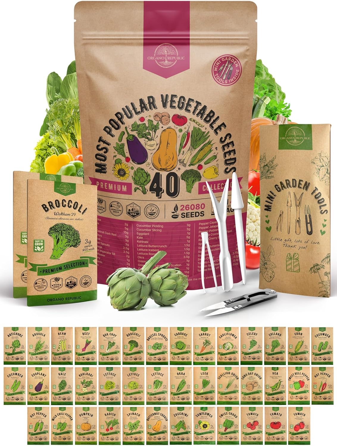 Organo Republic 40 Vegetable Seeds Variety Pack - 26000 Non GMO Heirloom Seeds for Planting