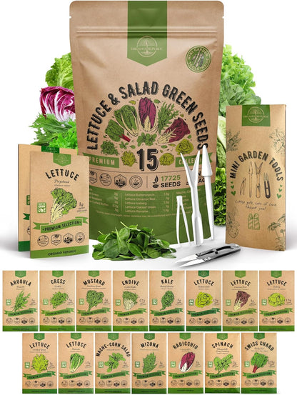 Organo Republic 15 Lettuce & Salad Greens Seeds Variety Pack 17700+ Non-GMO Heirloom Lettuce Seeds