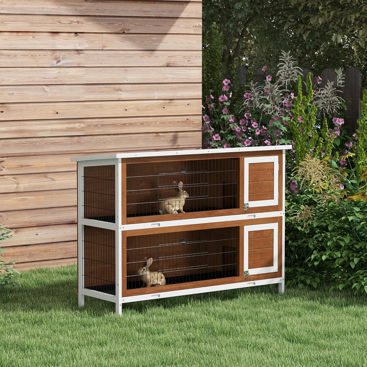 PawHut 54" 2-Story Large Rabbit Hutch Bunny Cage Wooden Pet House Small Animal Habitat with