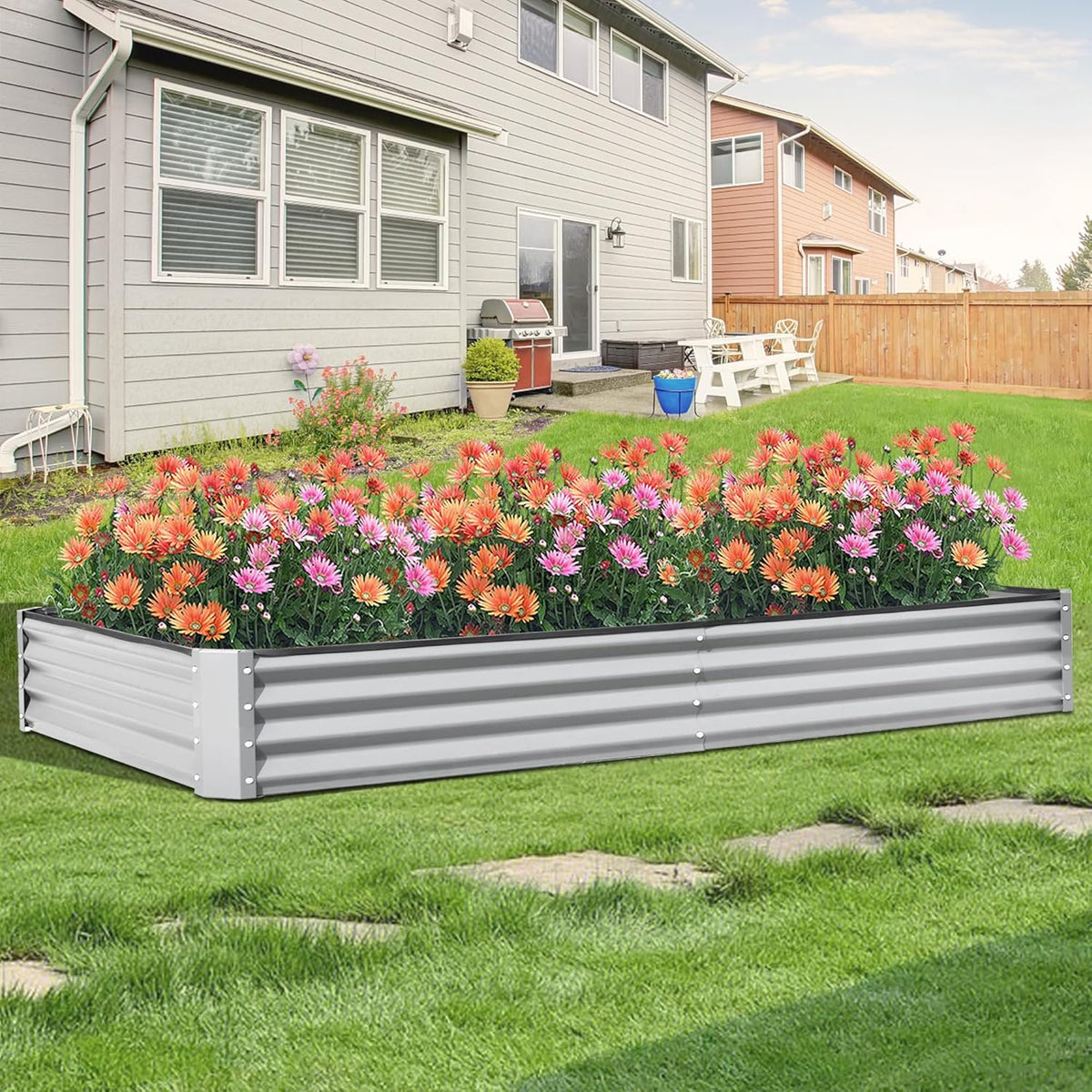 Domi Galvanized Raised Garden Bed, 8x4x1Ft Thickening Metal Planter Box for Vegetables Bottomless