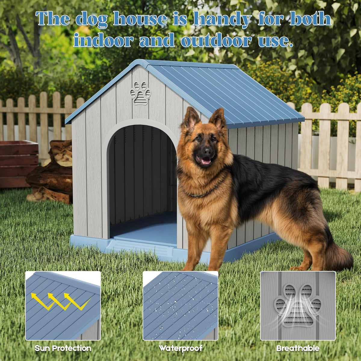 Large Dog House Outdoor Indoor for Medium Large Dogs, Durable Plastic Waterproof Doghouse with Air