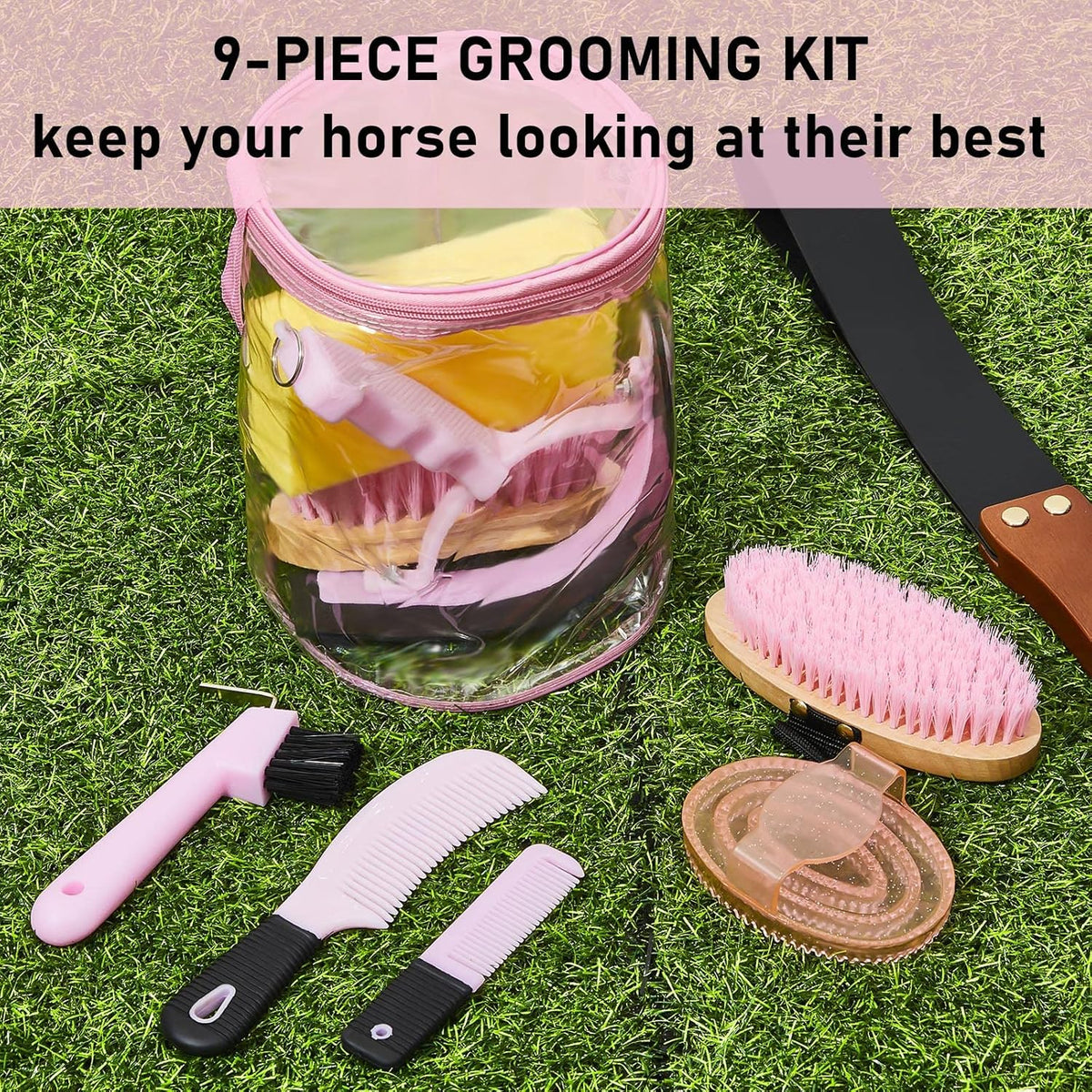 9 Pieces Horse Grooming Kit Tack Room Supplies Set with Organizer Tote Bag, Oval Massage Curry